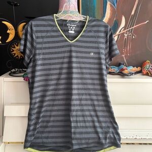 Champion Gray and Black Striped Tee with Green Trim L